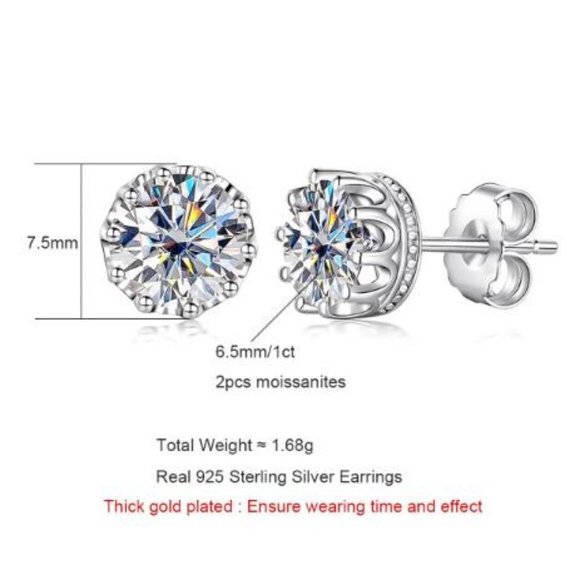 Certified 2ct. t.w. Moissanite Diamond Crown Stud Earrings NEW - Picture 9 of 12